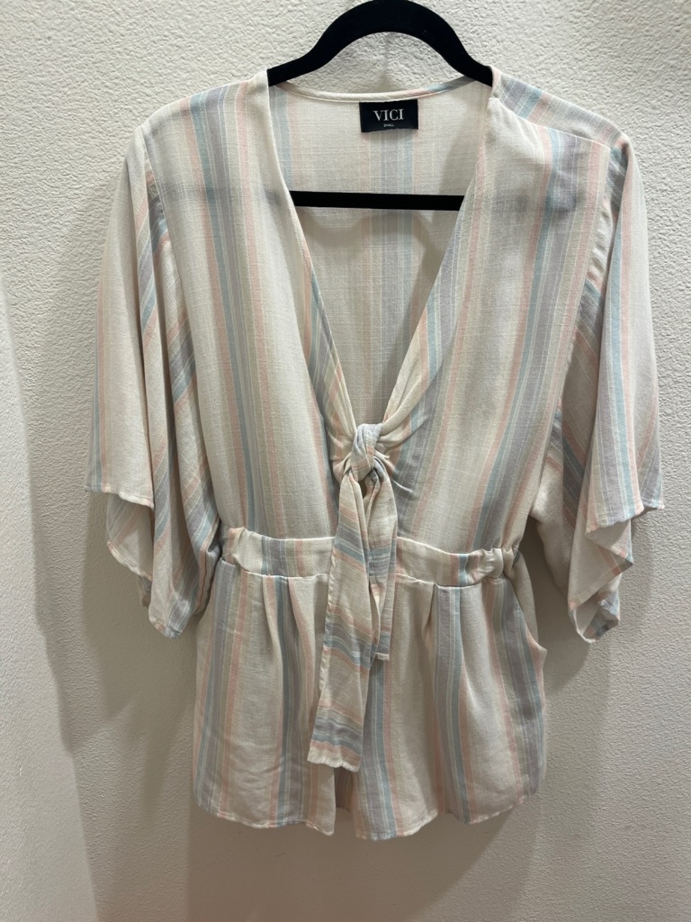 VICI Cream Pastel Striped Tie-Front Blouse